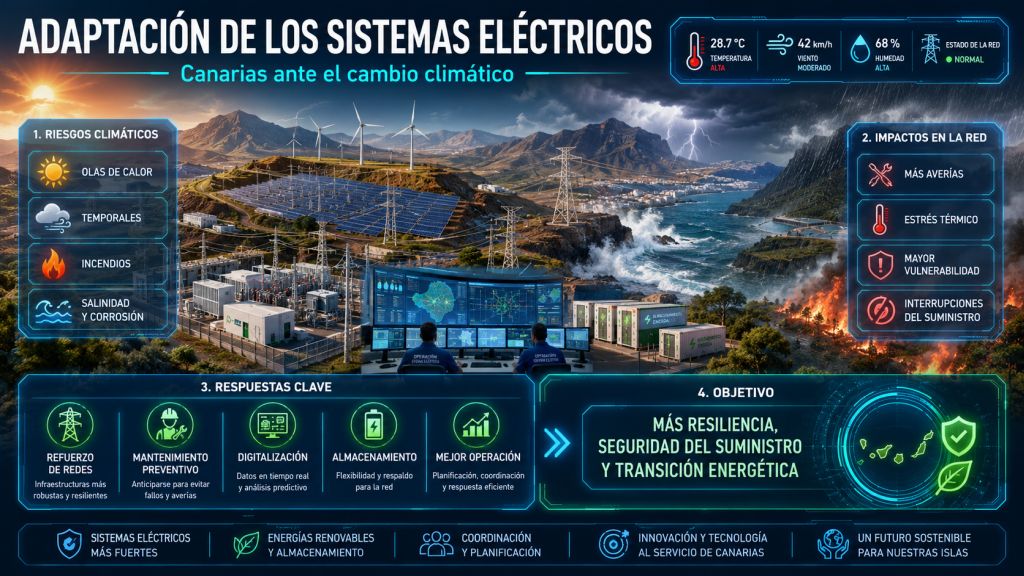 Infografía sobre adaptación eléctrica de los sistemas insulares canarios ante el cambio climático, con red, subestaciones, clima extremo y resiliencia.
