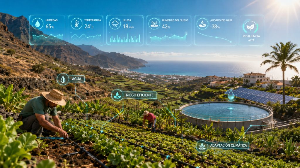 Infografía sobre agricultura y agua en Canarias, con cultivos de medianías, riego eficiente, adaptación climática y gestión sostenible del recurso hídrico.