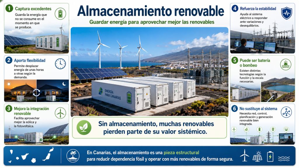 Infografía sobre almacenamiento renovable en Canarias con baterías, bombeo, integración de renovables, flexibilidad, estabilidad del sistema y apoyo a la red eléctrica.