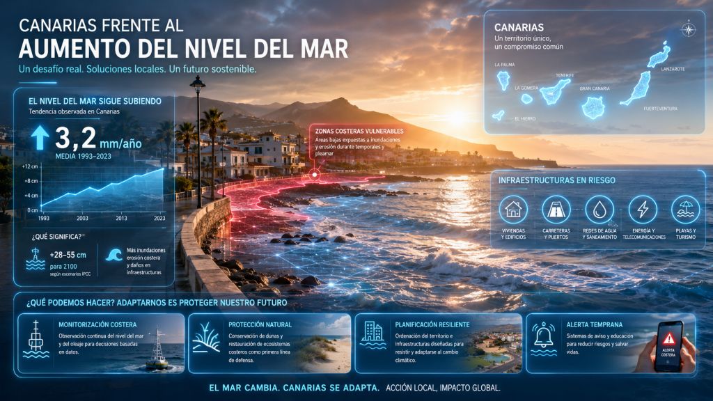 Infografía sobre el aumento del nivel del mar en Canarias y sus riesgos para costas, infraestructuras y comunidades litorales.