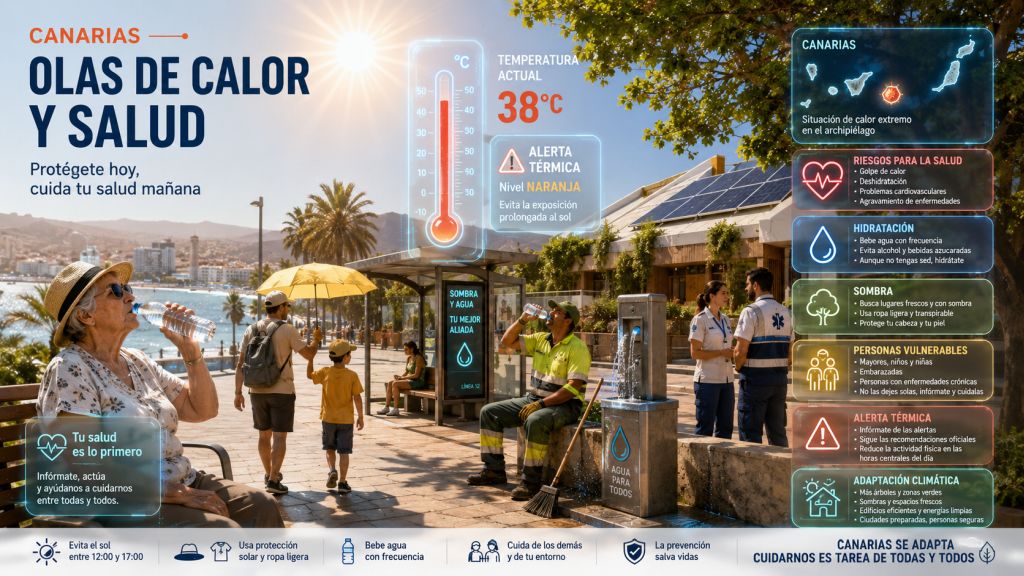 Infografía sobre olas de calor y salud en Canarias, con alerta térmica, población vulnerable, sombra urbana y medidas de adaptación climática.