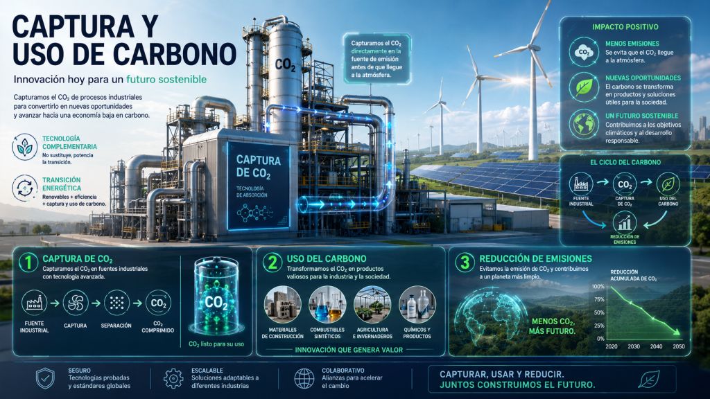 Infografía sobre captura de carbono, con instalación industrial, reducción de emisiones, reutilización de CO₂, renovables y transición energética.