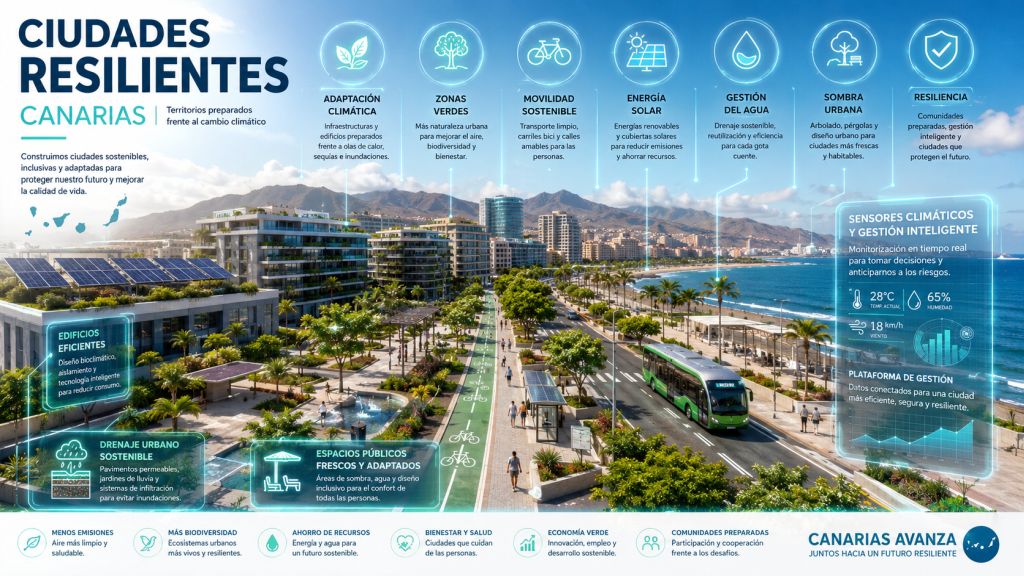 Infografía sobre ciudades resilientes en Canarias, con adaptación urbana, zonas verdes, energía solar, drenaje sostenible y respuesta climática.