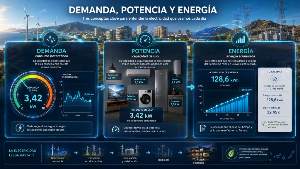 Infografía sobre demanda, potencia y energía eléctrica, con consumo instantáneo, capacidad en kW y energía acumulada en kWh.