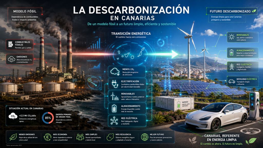 Infografía sobre descarbonización en Canarias, con sustitución de combustibles fósiles por renovables, electrificación, red eléctrica y reducción de emisiones.