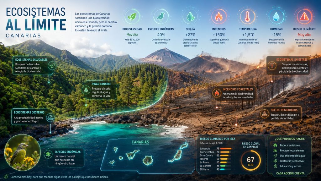 Infografía sobre ecosistemas canarios al límite por el cambio climático, con biodiversidad, especies endémicas, sequía, incendios y adaptación climática.