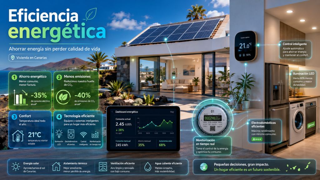 Infografía titulada “Eficiencia energética”, en formato 16:9, que muestra una vivienda moderna en Canarias con paneles solares, aislamiento térmico, iluminación LED, electrodomésticos eficientes, termostato inteligente, monitorización en tiempo real y dashboard de consumo. La imagen resume los beneficios principales: ahorro energético, reducción de emisiones de CO₂, confort térmico, tecnología eficiente y uso responsable de la energía.