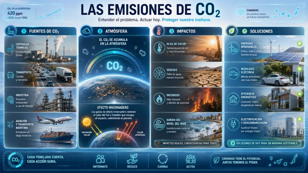 Infografía titulada “Las emisiones de CO₂”, en formato 16:9, que explica de forma visual las principales fuentes de emisiones, su acumulación en la atmósfera, los impactos climáticos asociados y las soluciones para reducirlas. Incluye centrales térmicas, transporte, industria, aviación y transporte marítimo como fuentes de CO₂; una representación del efecto invernadero; impactos como olas de calor, sequías, incendios y subida del nivel del mar; y soluciones como energías renovables, movilidad eléctrica, eficiencia energética, electrificación y descarbonización.