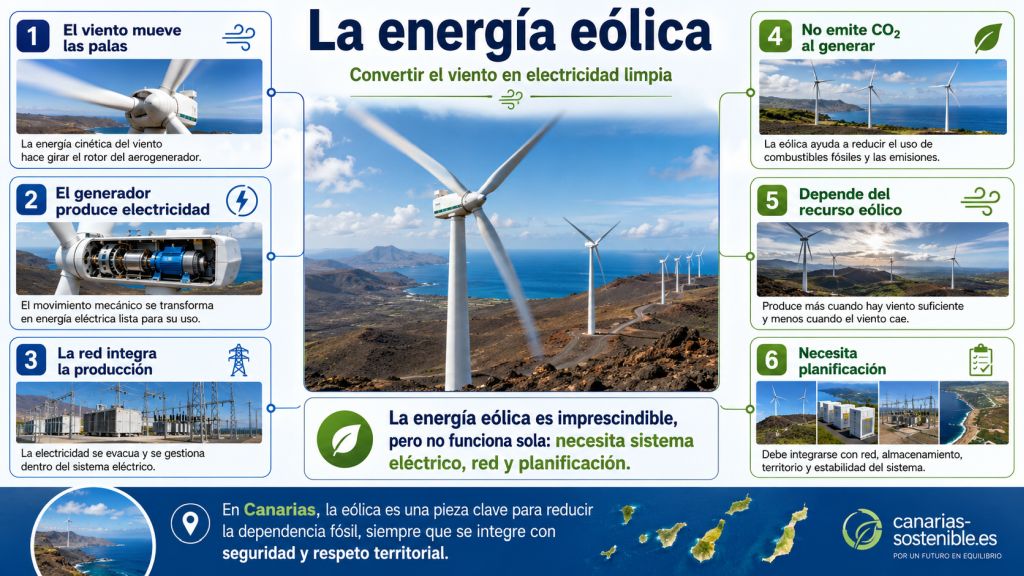 Infografía sobre la energía eólica en Canarias con aerogeneradores en paisaje volcánico, explicación del funcionamiento del viento, generación eléctrica, conexión a la red, reducción de emisiones, variabilidad del recurso eólico y necesidad de planificación territorial y técnica.