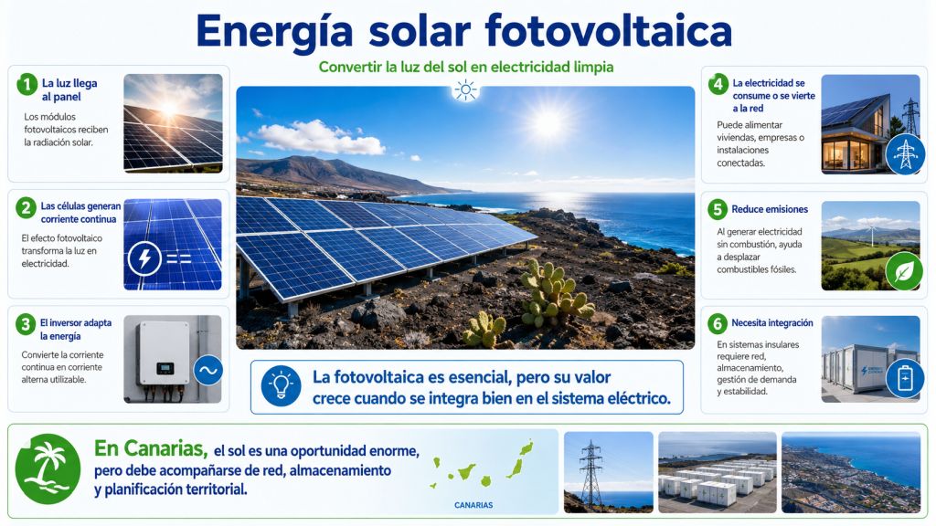 Infografía sobre energía solar fotovoltaica en Canarias con paneles solares, células fotovoltaicas, inversor, consumo, red eléctrica, reducción de emisiones y necesidad de integración con almacenamiento y planificación.