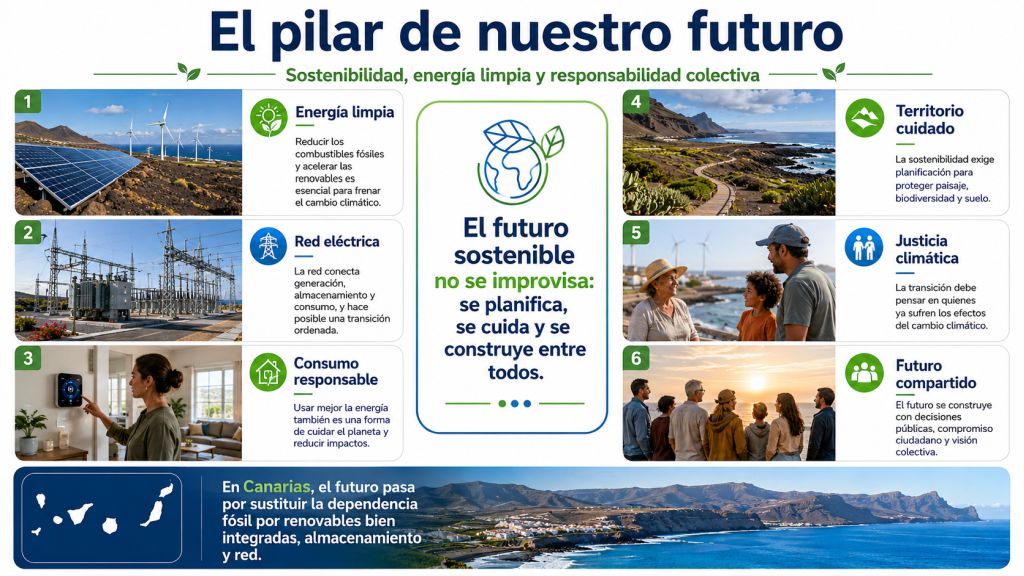 Infografía sobre el futuro sostenible en Canarias con seis pilares: energía limpia, red eléctrica, consumo responsable, territorio cuidado, justicia climática y futuro compartido, destacando la necesidad de sustituir combustibles fósiles por renovables, almacenamiento y red.