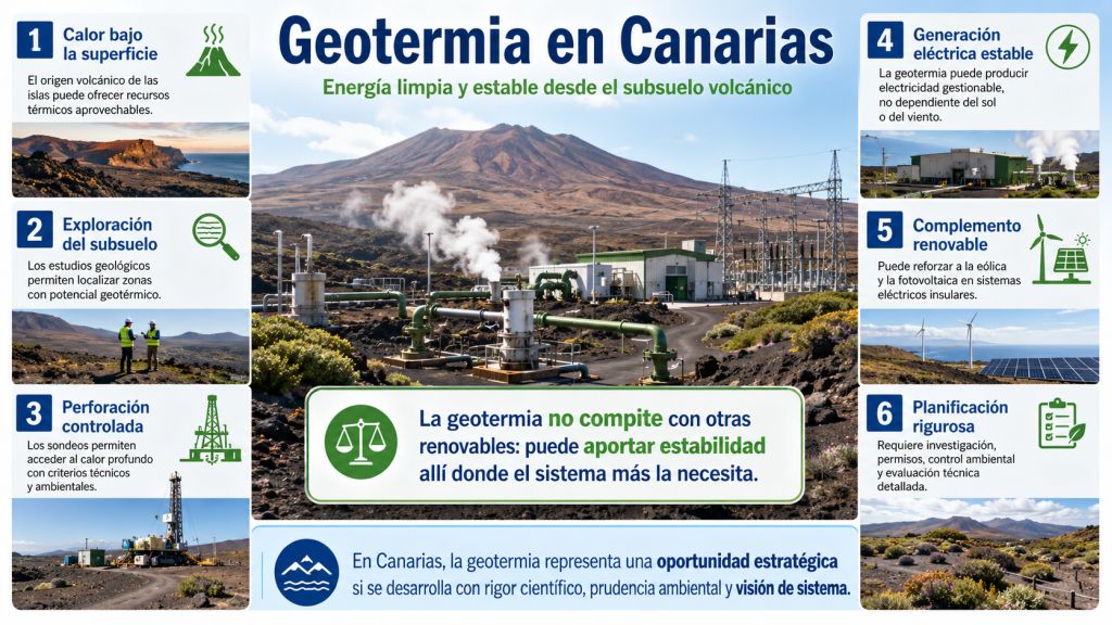 Infografía sobre la geotermia en Canarias con paisaje volcánico, exploración del subsuelo, perforación controlada, generación eléctrica estable, apoyo a renovables y planificación ambiental rigurosa.