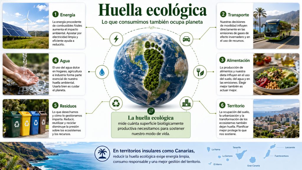 Infografía sobre la huella ecológica con un planeta central en forma de huella verde y seis factores de impacto: energía, transporte, alimentación, agua, residuos y territorio, aplicada al contexto de Canarias.