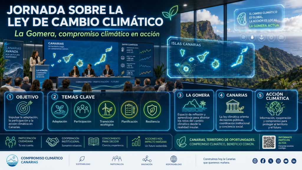 Infografía sobre la Ley de Cambio Climático y una jornada técnica en La Gomera, con participación, adaptación climática y acción climática en Canarias.