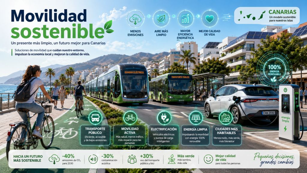 Infografía sobre movilidad sostenible en Canarias, con transporte público eléctrico, carriles bici, puntos de recarga, menos emisiones y ciudad habitable.