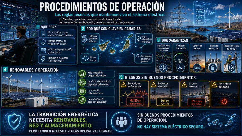 Infografía sobre procedimientos de operación del sistema eléctrico canario, con frecuencia, tensión, reservas y seguridad de suministro