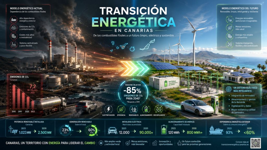 Infografía sobre transición energética en Canarias, con paso de combustibles fósiles a renovables, electrificación, red eléctrica y reducción de emisiones.