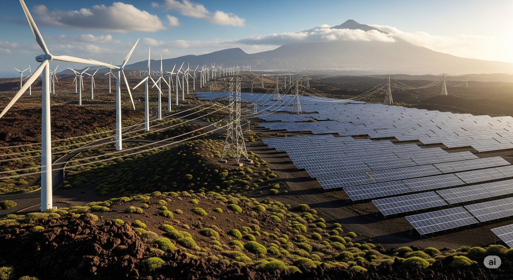 Comparativa visual entre sistemas que utilizan corriente continua (paneles solares y baterías) y corriente alterna (red eléctrica urbana).