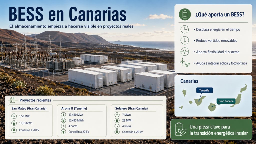 Infografía sobre BESS en Canarias que explica su función en el almacenamiento eléctrico, la reducción de vertidos renovables y varios proyectos recientes en Tenerife y Gran Canaria.