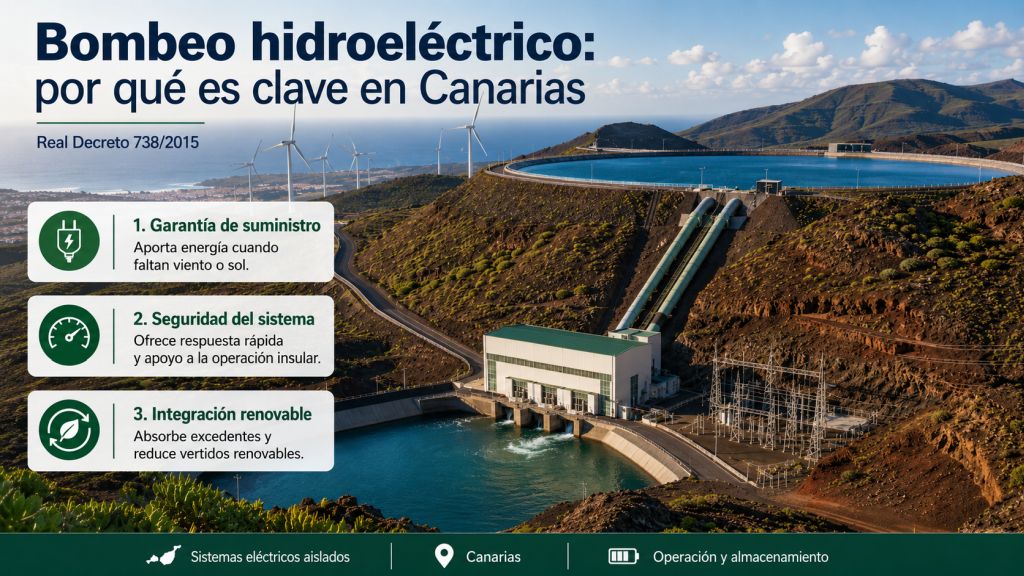 Infografía sobre el papel del bombeo hidroeléctrico en Canarias como garantía de suministro, apoyo a la seguridad del sistema e integración de renovables.