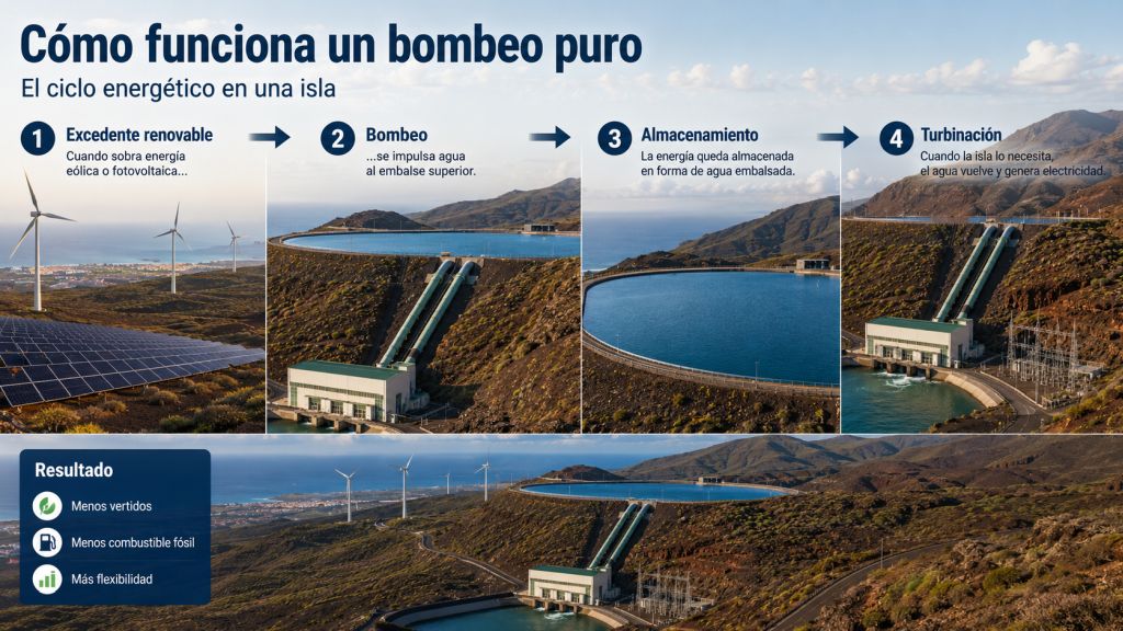 Infografía que explica el ciclo de un bombeo hidroeléctrico puro: excedente renovable, bombeo, almacenamiento de agua y turbinación eléctrica.