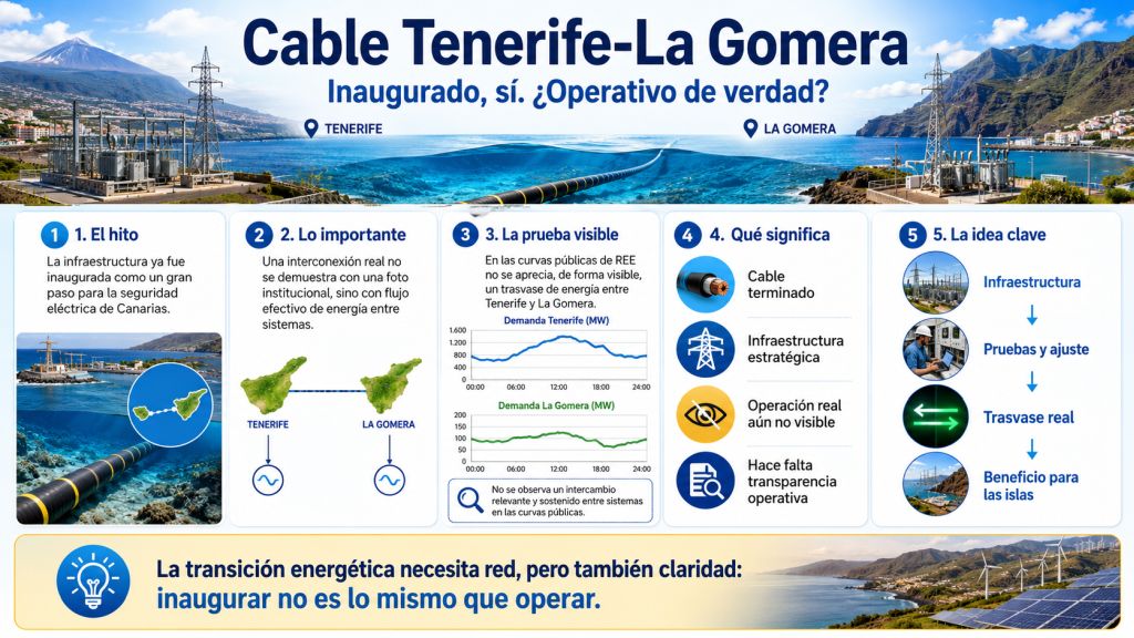 Infografía sobre el cable eléctrico Tenerife-La Gomera, con el enlace submarino entre ambas islas, curvas públicas de demanda, subestaciones, red eléctrica y el mensaje central de que inaugurar una infraestructura no equivale necesariamente a verla operar con trasvase real de energía.