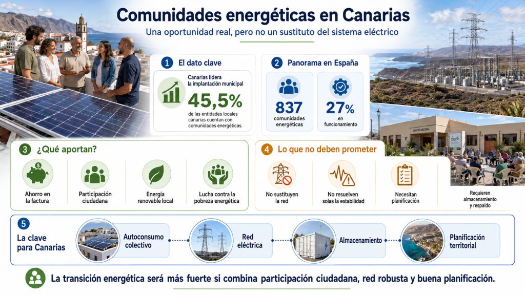 Infografía sobre comunidades energéticas en Canarias, con paneles solares, ciudadanía participando, datos clave sobre implantación municipal, beneficios sociales, límites técnicos y relación con la red eléctrica.