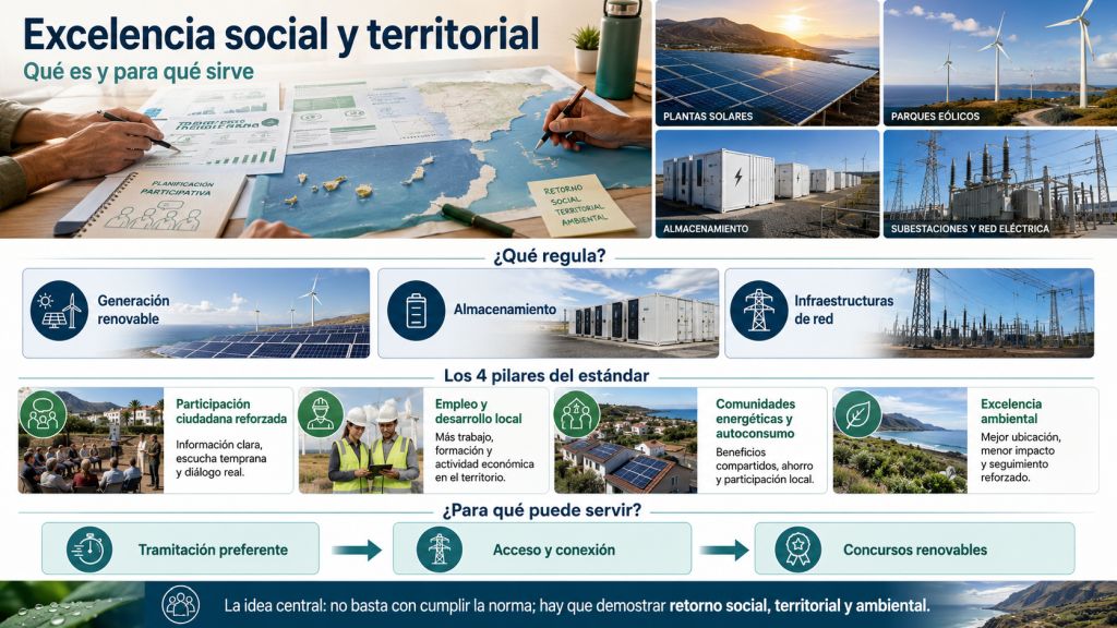 Infografía sobre el estándar de excelencia social y territorial para proyectos renovables, almacenamiento e infraestructuras de red, con sus cuatro pilares principales.