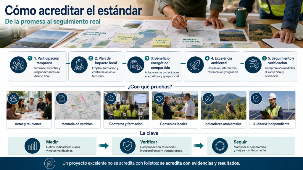Infografía que explica cómo acreditar el estándar de excelencia social y territorial mediante participación temprana, impacto local, beneficios energéticos, excelencia ambiental y verificación.
