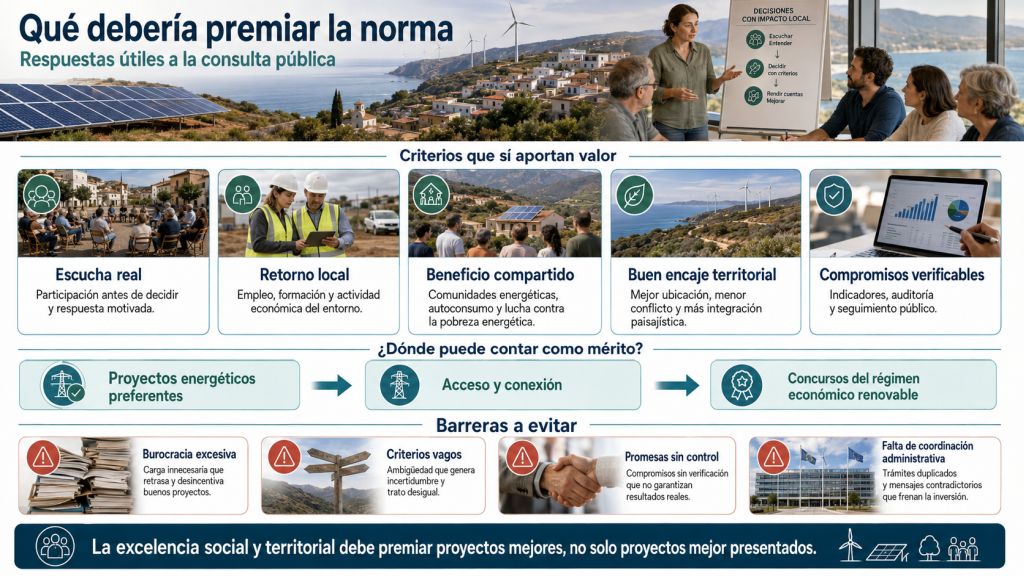 Infografía sobre los criterios que debería premiar la norma de excelencia social y territorial, incluyendo retorno local, buen encaje territorial y compromisos verificables.