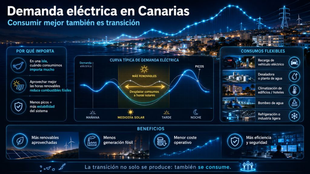 Curva de demanda eléctrica sobre una ciudad canaria nocturna con edificios, red eléctrica y servicios esenciales