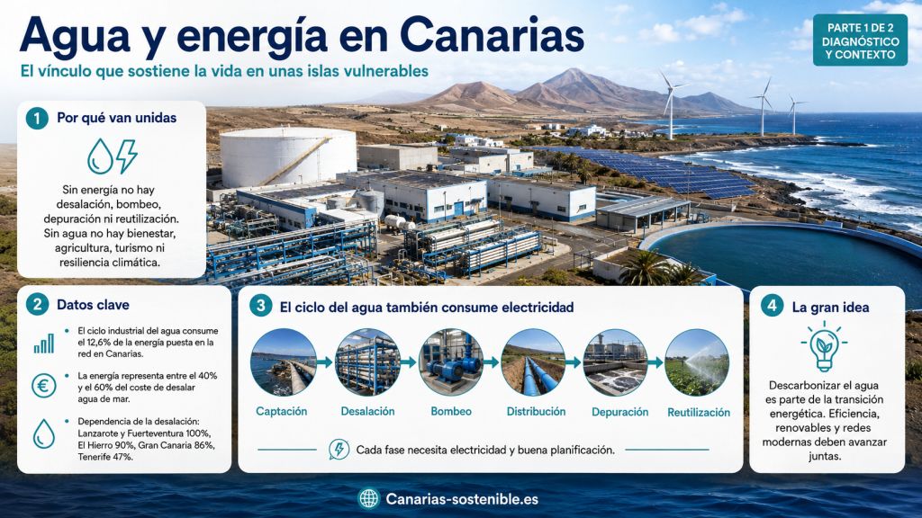 Infografía sobre agua y energía en Canarias que explica la dependencia de la desalación, el consumo eléctrico del ciclo del agua y la necesidad de descarbonizar el suministro hídrico.