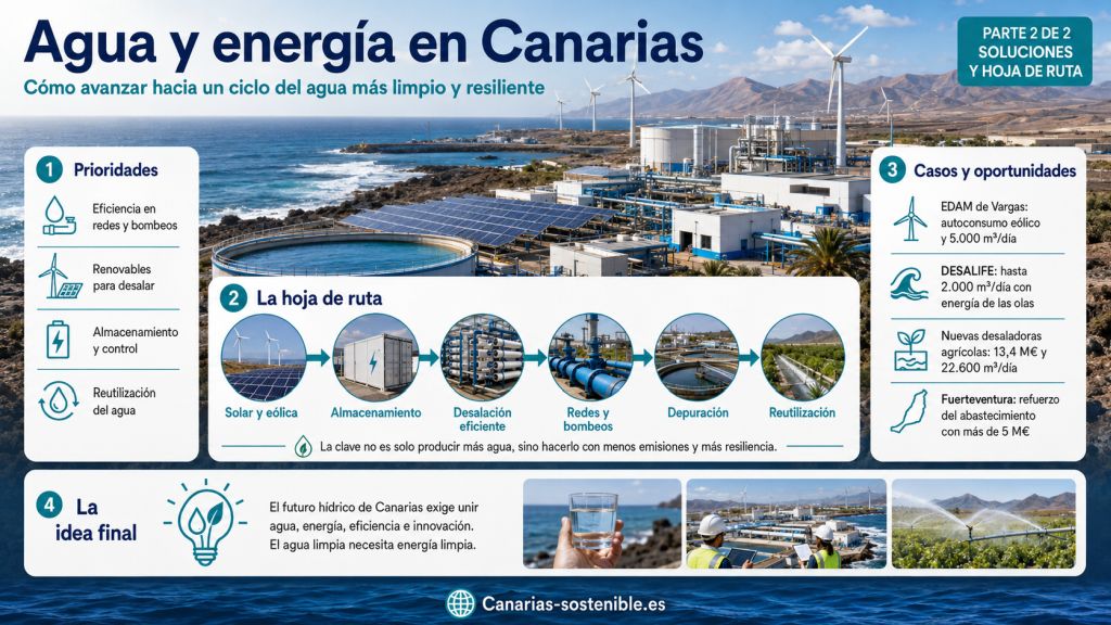 Infografía sobre soluciones para unir agua y energía en Canarias mediante renovables, almacenamiento, desalación eficiente, reutilización y modernización de redes hidráulicas.