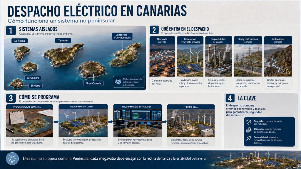 Infografía sobre el despacho eléctrico en Canarias que explica cómo se programan los sistemas insulares, qué datos intervienen y cómo se actualiza la operación eléctrica.