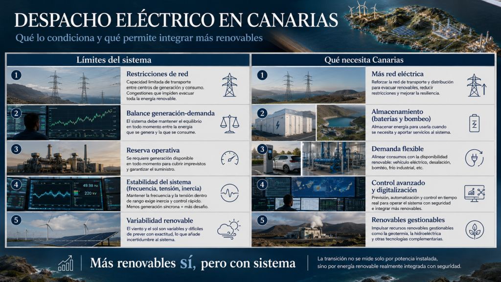 Infografía sobre los límites y necesidades del despacho eléctrico en Canarias, con red eléctrica, almacenamiento, demanda flexible, control avanzado y renovables gestionables.