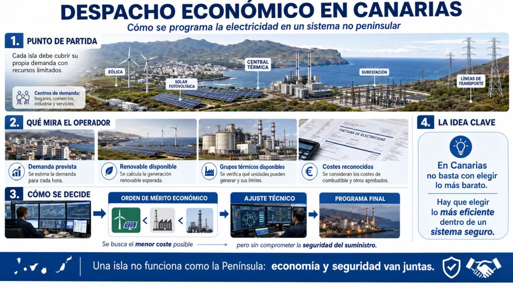 Infografía sobre el despacho económico en Canarias que explica cómo se programa la electricidad en un sistema no peninsular combinando demanda, renovables, generación térmica, costes reconocidos y seguridad del suministro.