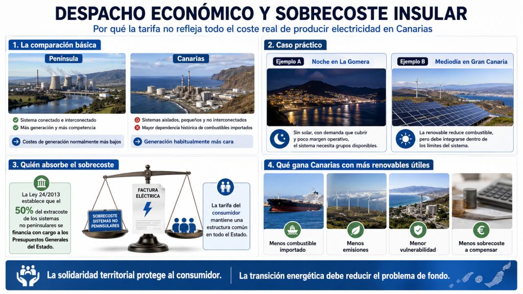 Infografía sobre el despacho económico y el sobrecoste insular en Canarias, mostrando por qué la tarifa eléctrica no refleja todo el coste real de producir electricidad en las islas y cómo la compensación estatal protege al consumidor.