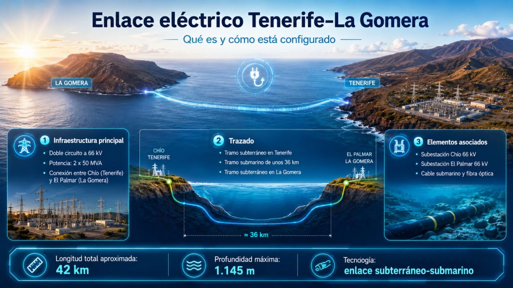Enlace eléctrico submarino entre Tenerife y La Gomera con subestaciones modernas y red eléctrica integrada en el paisaje canario.