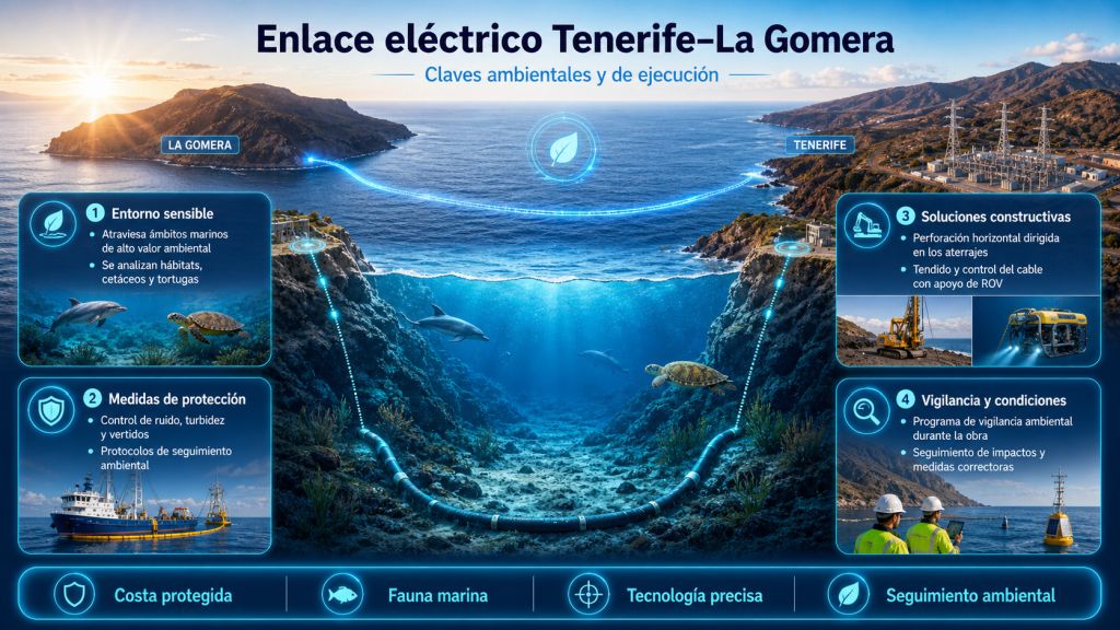 Enlace eléctrico submarino entre Tenerife y La Gomera con subestaciones modernas y red eléctrica integrada en el paisaje canario.