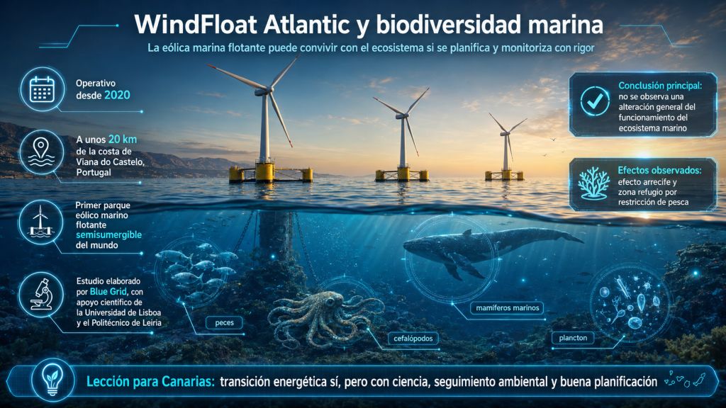 Infografía sobre WindFloat Atlantic y biodiversidad marina, con aerogeneradores flotantes, ecosistema submarino y claves del estudio ambiental aplicables a Canarias.
