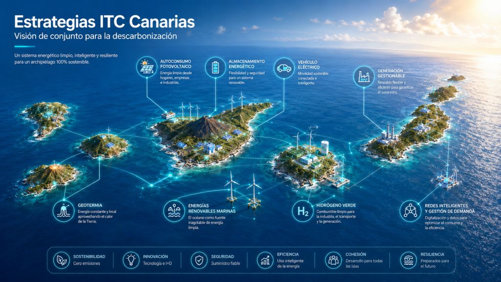Infografía luminosa sobre las Estrategias ITC Canarias, con vista aérea del archipiélago, redes eléctricas inteligentes, autoconsumo fotovoltaico, almacenamiento, vehículo eléctrico, generación gestionable, geotermia, hidrógeno verde y energías marinas.