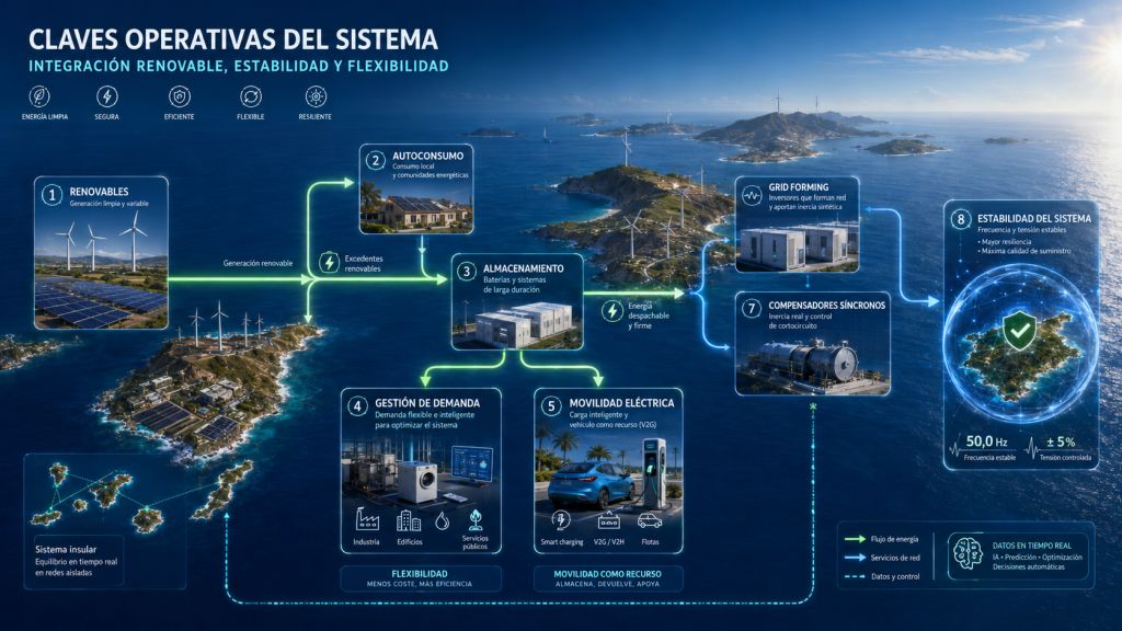 Infografía luminosa sobre las claves operativas del sistema eléctrico canario, mostrando el flujo desde renovables y autoconsumo hacia almacenamiento, gestión de demanda, movilidad eléctrica, grid forming, compensadores síncronos y estabilidad del sistema.