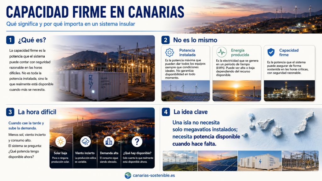 Infografía sobre la capacidad firme en Canarias que explica la diferencia entre potencia instalada, energía producida y potencia realmente disponible en las horas críticas.