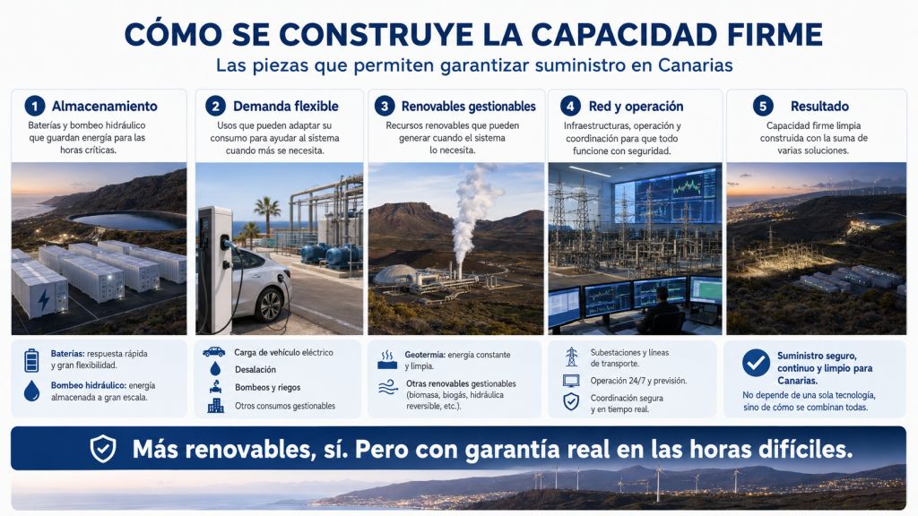 Infografía sobre cómo se construye la capacidad firme en Canarias mediante almacenamiento, demanda flexible, renovables gestionables, red eléctrica y operación segura.