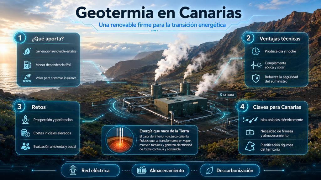 Instalación geotérmica en un paisaje volcánico de La Palma como símbolo de la geotermia en Canarias.