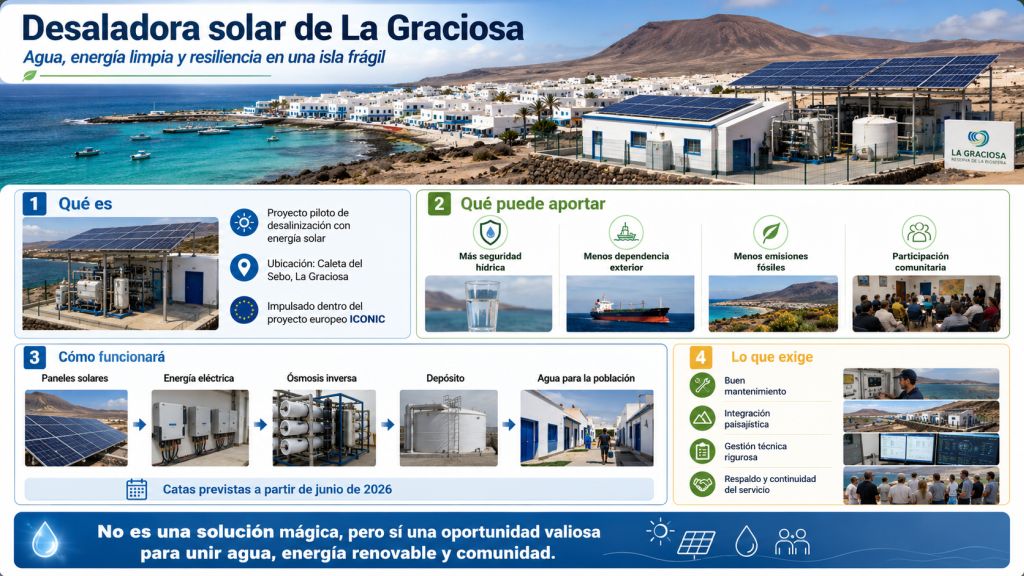 Infografía sobre la desaladora solar de La Graciosa, con paneles fotovoltaicos, sistema de ósmosis inversa, depósito de agua, Caleta del Sebo al fondo y mensajes sobre seguridad hídrica, energía renovable, menor dependencia exterior y participación comunitaria.