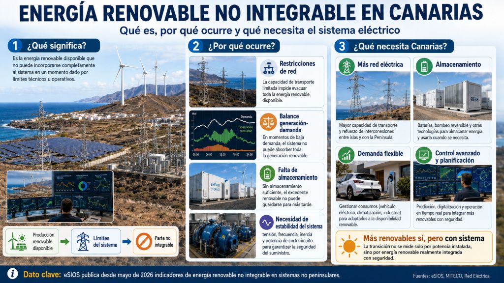 Infografía sobre la energía renovable no integrable en Canarias, explicando qué significa, por qué ocurre y qué necesita el sistema eléctrico para integrar más renovables con seguridad.