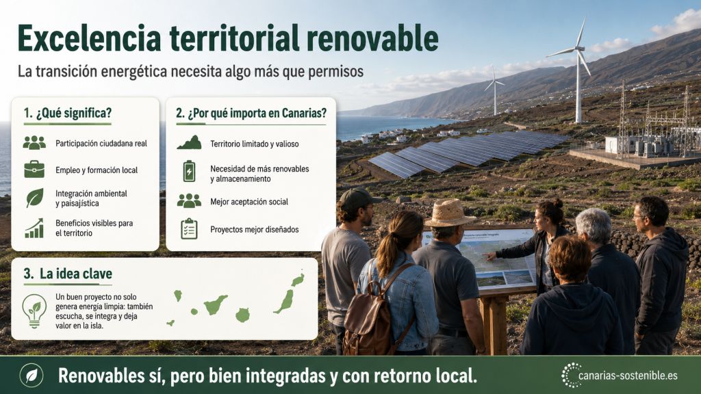 Infografía sobre excelencia territorial renovable en Canarias, con participación ciudadana, empleo local, integración paisajística y retorno social de los proyectos energéticos.