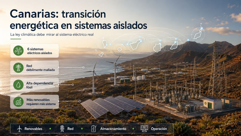 Infografía sobre la transición energética en Canarias con renovables, red eléctrica, almacenamiento y operación del sistema en seis sistemas eléctricos aislados.
