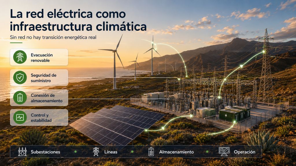 Infografía de la red eléctrica como infraestructura climática en Canarias, mostrando evacuación renovable, seguridad de suministro, almacenamiento y control del sistema.